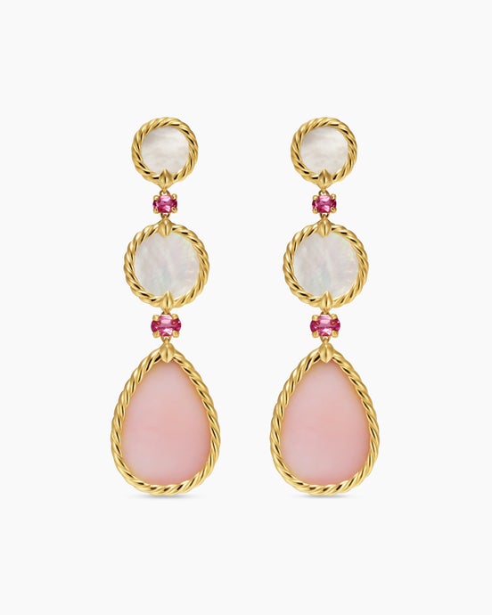 DY Elements® Statement Drop Earrings in 18K Yellow Gold with Pink Opal, Mother of Pearl and Pink Tourmaline, 70mm