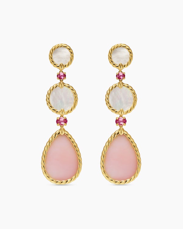 DY Elements® Statement Drop Earrings in 18K Yellow Gold with Pink Opal, Mother of Pearl and Pink Tourmaline, 70mm