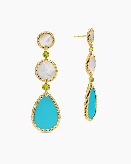Womens DY Elements® Statement Drop Earrings in 18K Yellow Gold with Turquoise, Mother of Pearl and Peridot, 70mm