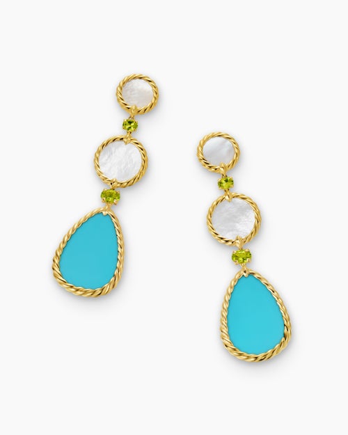 Womens DY Elements® Statement Drop Earrings in 18K Yellow Gold with Turquoise, Mother of Pearl and Peridot, 70mm