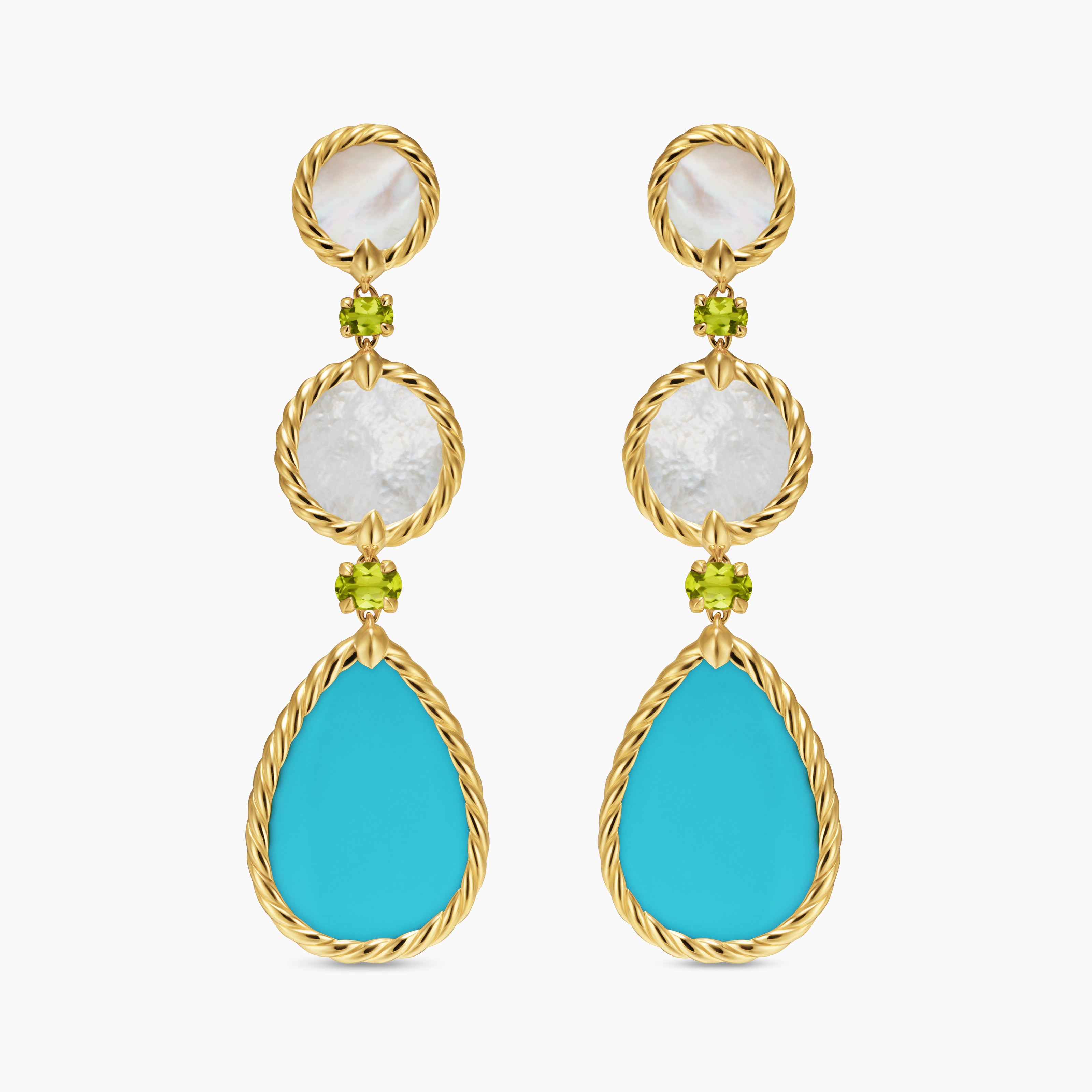 Womens DY Elements&reg; Statement Drop Earrings in 18K Yellow Gold with Turquoise, Mother of Pearl and Peridot, 70mm