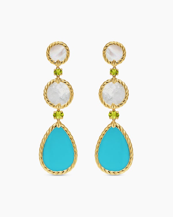 DY Elements® Statement Drop Earrings in 18K Yellow Gold with Turquoise, Mother of Pearl and Peridot, 70mm
