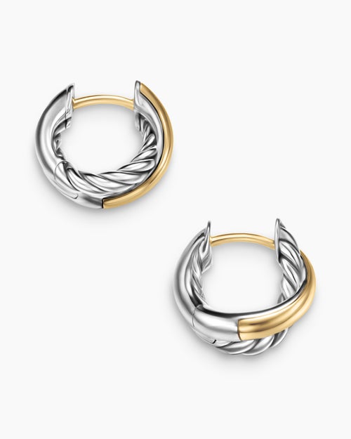 Womens Crossover Huggie Hoop Earrings in Sterling Silver with 18K Yellow Gold, 12.4mm