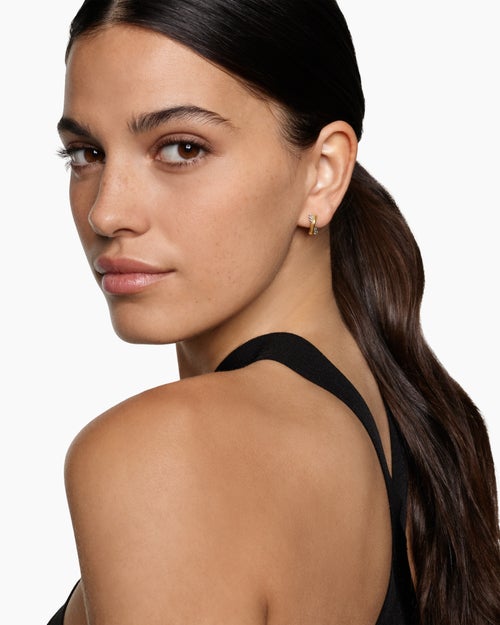 Womens Crossover Huggie Hoop Earrings in Sterling Silver with 18K Yellow Gold, 12.4mm