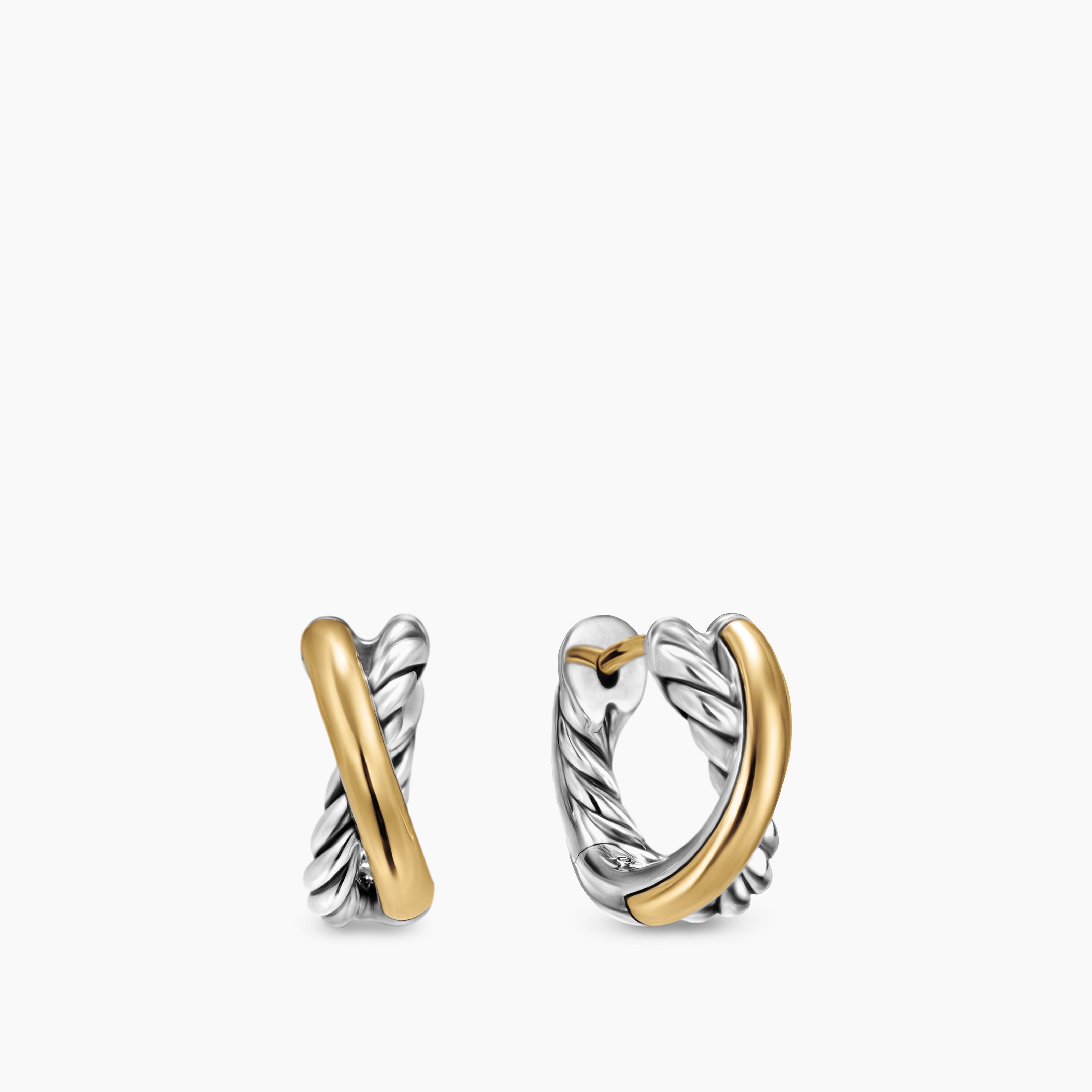 Womens Crossover Huggie Hoop Earrings in Sterling Silver with 18K Yellow Gold, 12.4mm