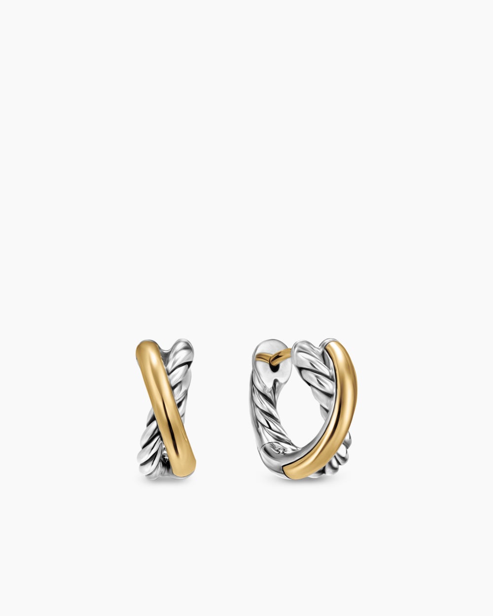 Womens Crossover Huggie Hoop Earrings in Sterling Silver with 18ct Yellow Gold, 12.4mm