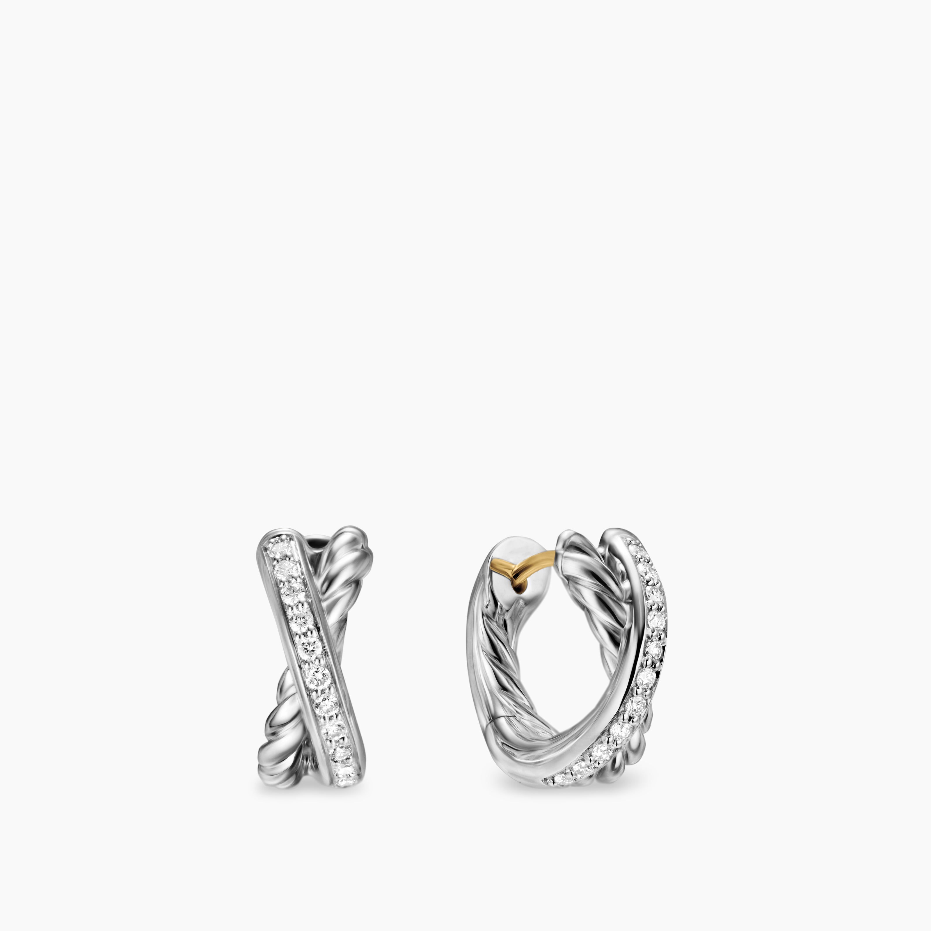 Womens Crossover Huggie Hoop Earrings in Sterling Silver with Diamonds, 12.4mm