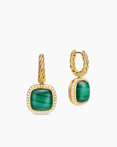 Womens Albion® Drop Earrings in 18K Yellow Gold with Malachite and Diamonds, 10mm