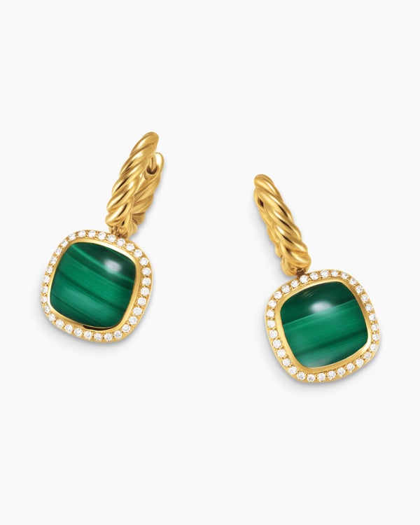 Albion® Drop Earrings in 18K Yellow Gold with Malachite and Diamonds, 10mm
