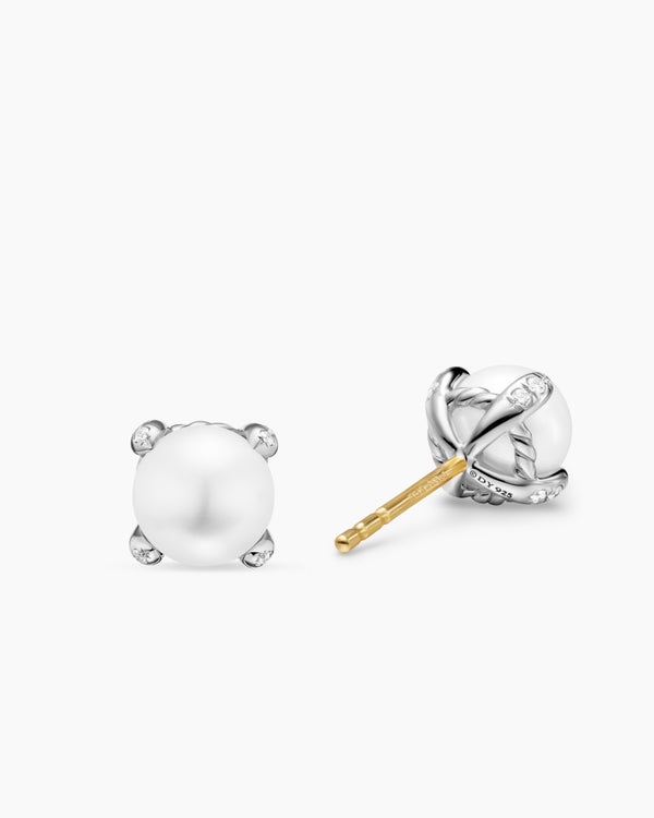 Pearl Classics Stud Earrings in Sterling Silver and Diamonds, 6.6mm