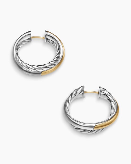 Womens Crossover Hoop Earrings in Sterling Silver with 14ct Yellow Gold, 22.3mm