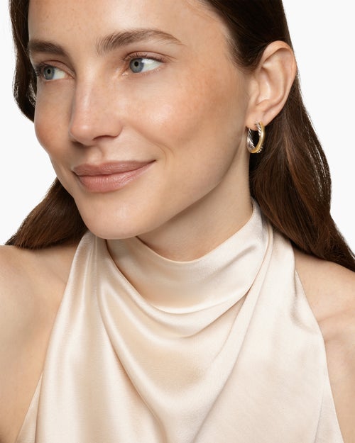 Womens Crossover Hoop Earrings in Sterling Silver with 14K Yellow Gold, 22.3mm