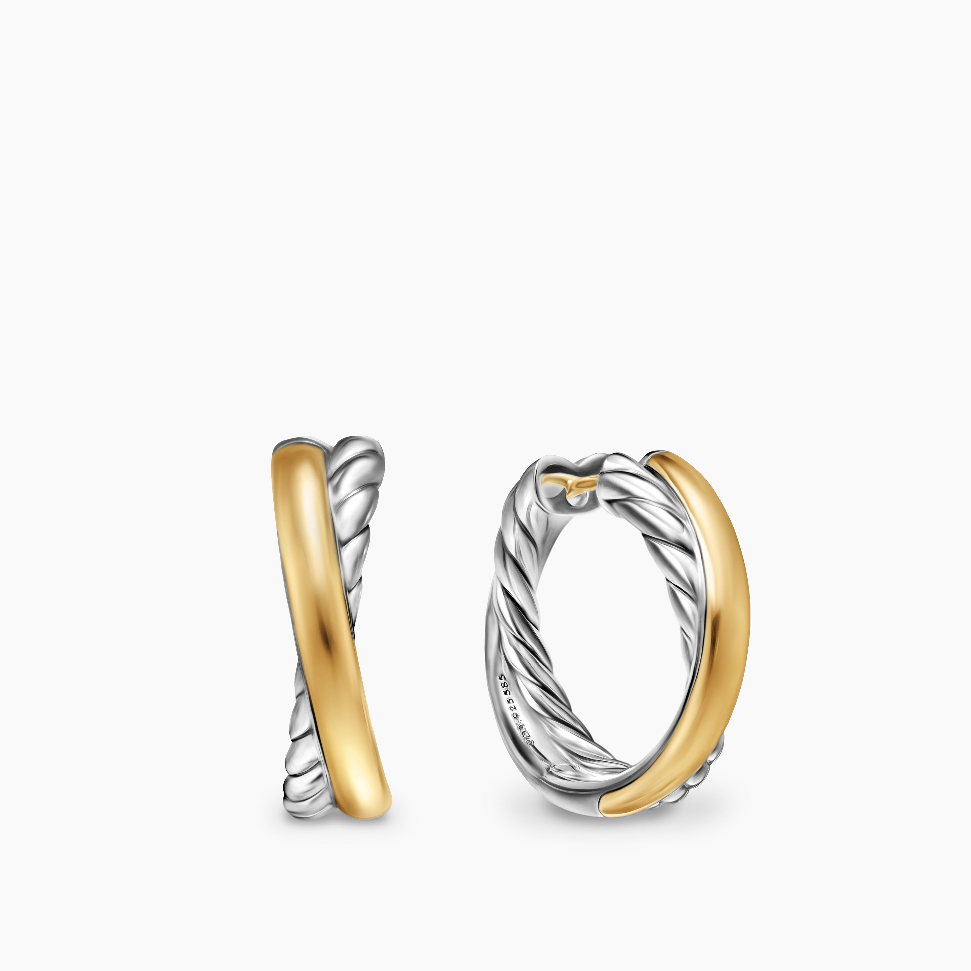 Womens Crossover Hoop Earrings in Sterling Silver with 14K Yellow Gold, 22.3mm