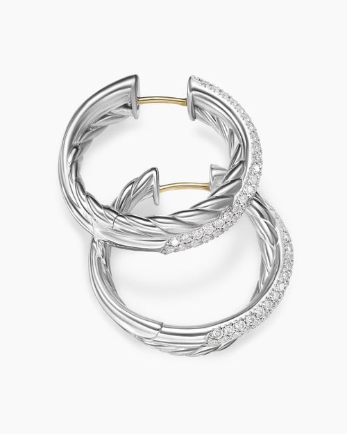 Womens Crossover Hoop Earrings in Sterling Silver with Diamonds, 22.3mm