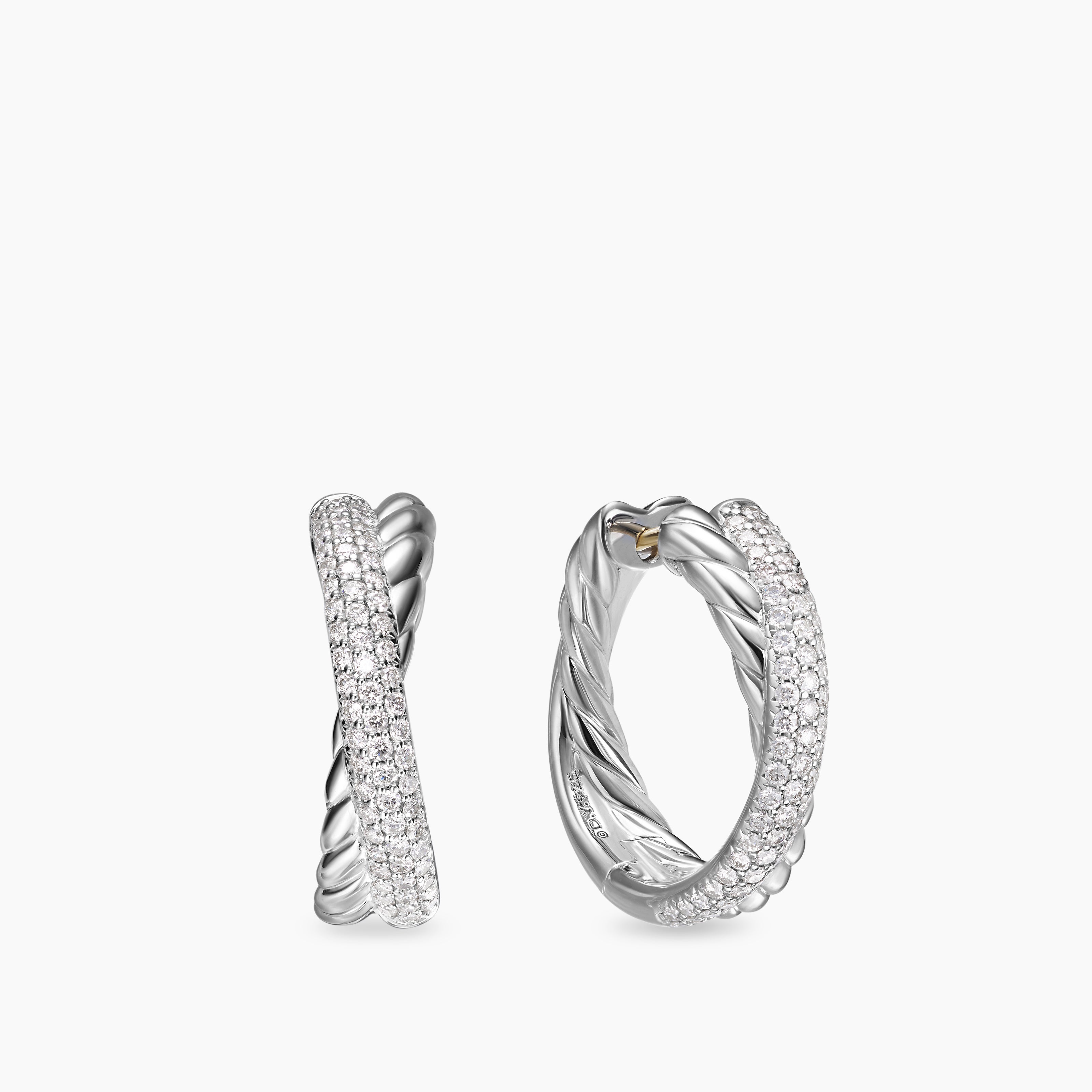 Womens Crossover Hoop Earrings in Sterling Silver with Diamonds, 22.3mm