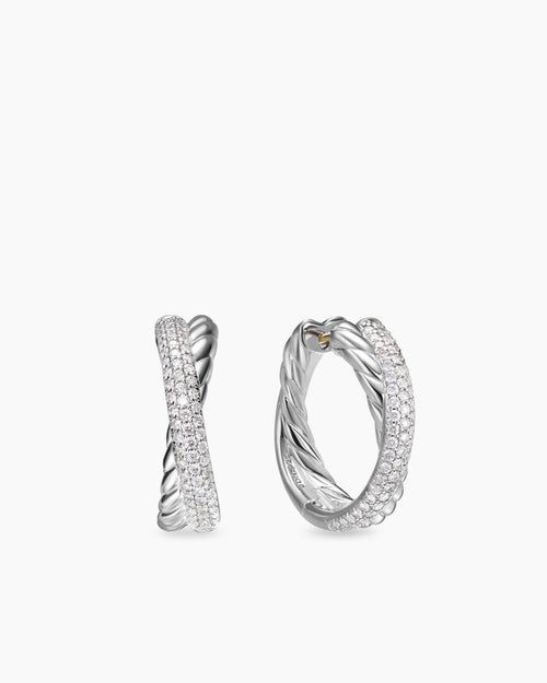 Womens Crossover Hoop Earrings in Sterling Silver with Diamonds, 22.3mm