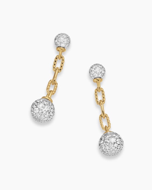 Womens DY Madison® Pavé Bead Drop Earrings in 18K Yellow Gold with Diamonds, 33mm