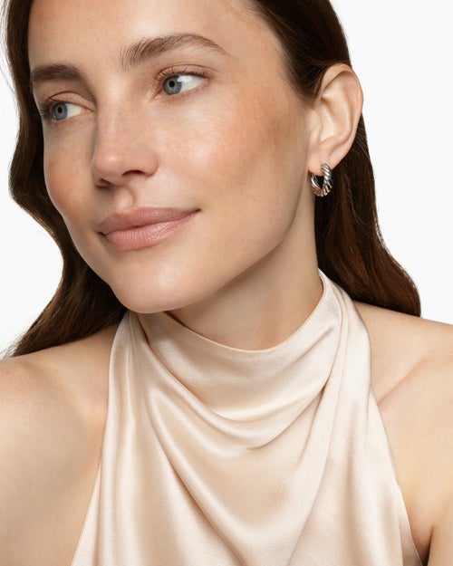 Womens Sculpted Cable Hoop Earrings in Sterling Silver, 18.6mm