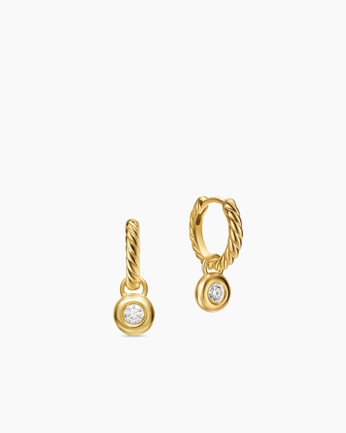 Womens Petite Cable Huggie Drop Earrings in 18K Yellow Gold with Diamonds, 17.5mm