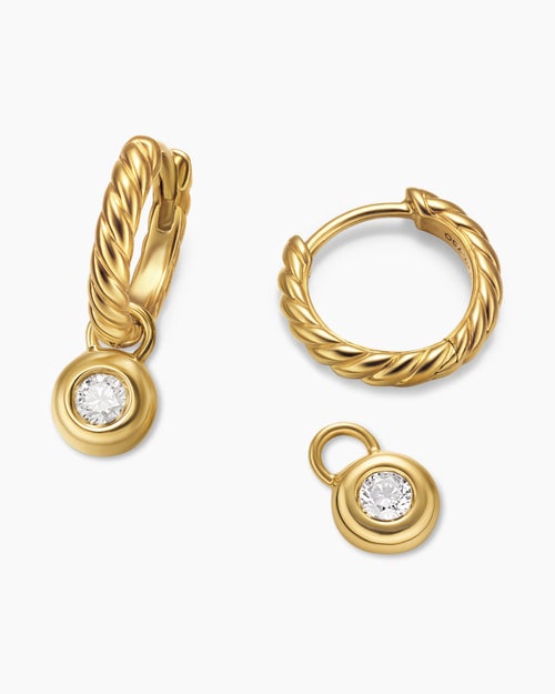 Womens Petite Cable Huggie Drop Earrings in 18K Yellow Gold with Diamonds, 17.5mm