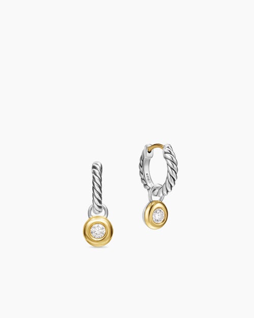 Womens Petite Cable Huggie Drop Earrings in Sterling Silver with 14K Yellow Gold and Diamonds, 17.5mm
