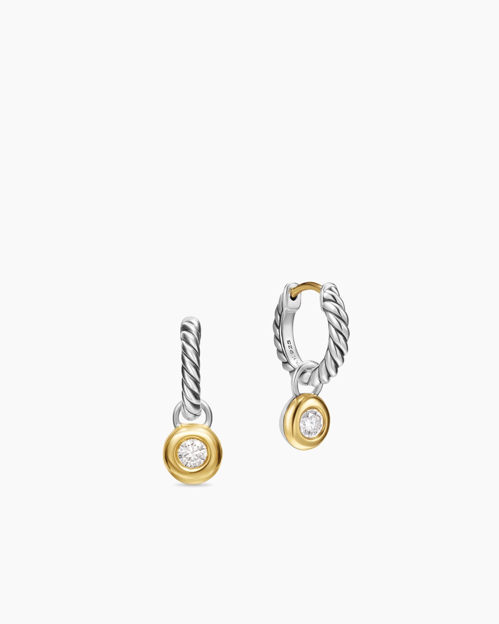 Womens Petite Cable Huggie Drop Earrings in Sterling Silver with 14K Yellow Gold and Diamonds, 17.5mm