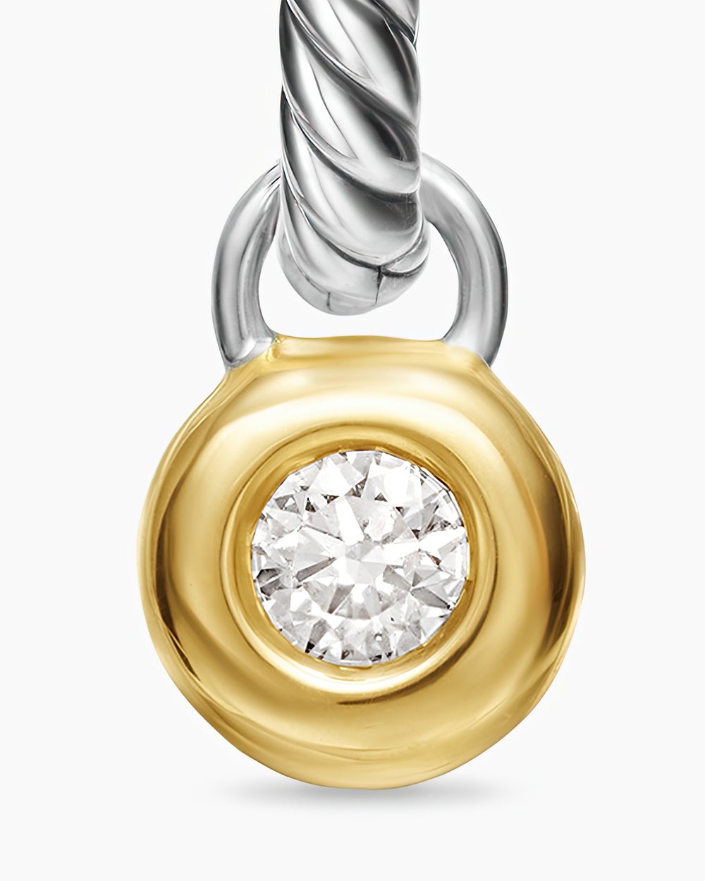 Womens Petite Cable Huggie Drop Earrings in Sterling Silver with 14K Yellow Gold and Diamonds, 17.5mm