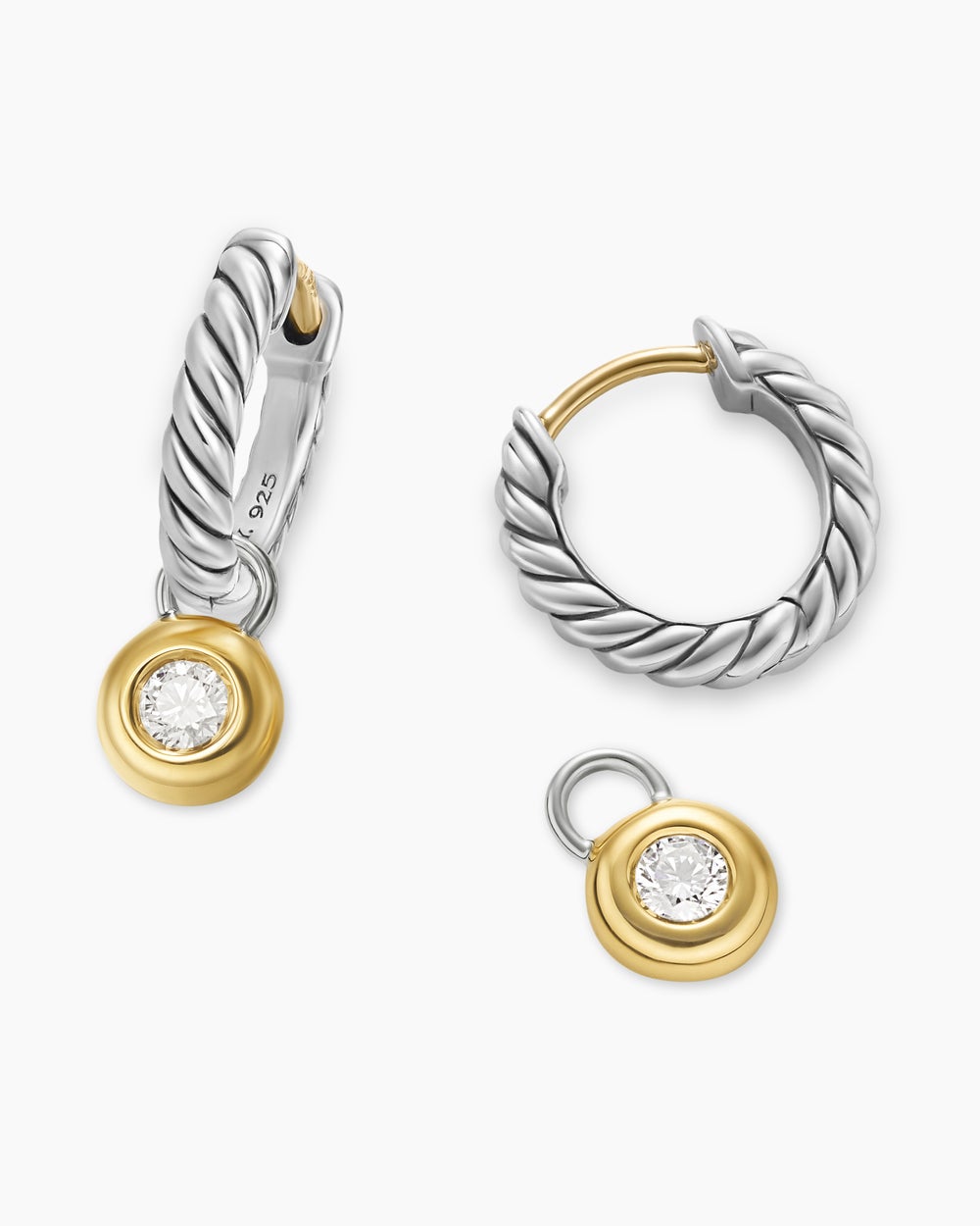 Womens Petite Cable Huggie Drop Earrings in Sterling Silver with 14K Yellow Gold and Diamonds, 17.5mm