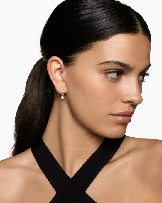 Petite Cable Huggie Drop Earrings in Sterling Silver with 14K Yellow Gold and Diamonds, 17.5mm