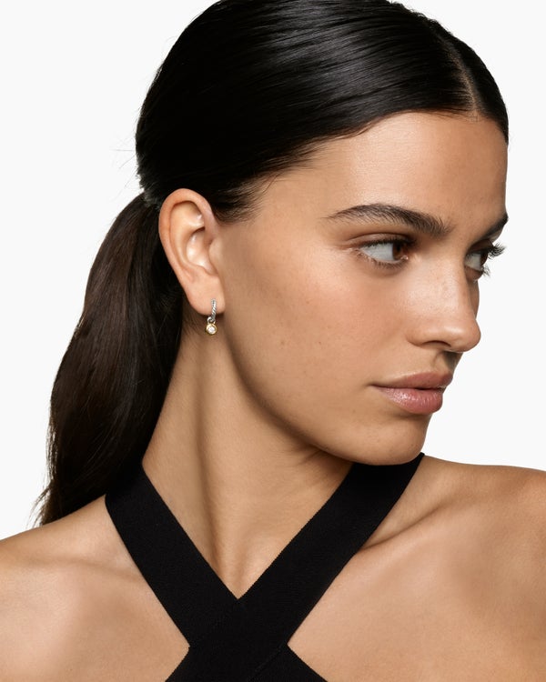 Petite Cable Huggie Drop Earrings in Sterling Silver with 14K Yellow Gold and Diamonds, 17.5mm