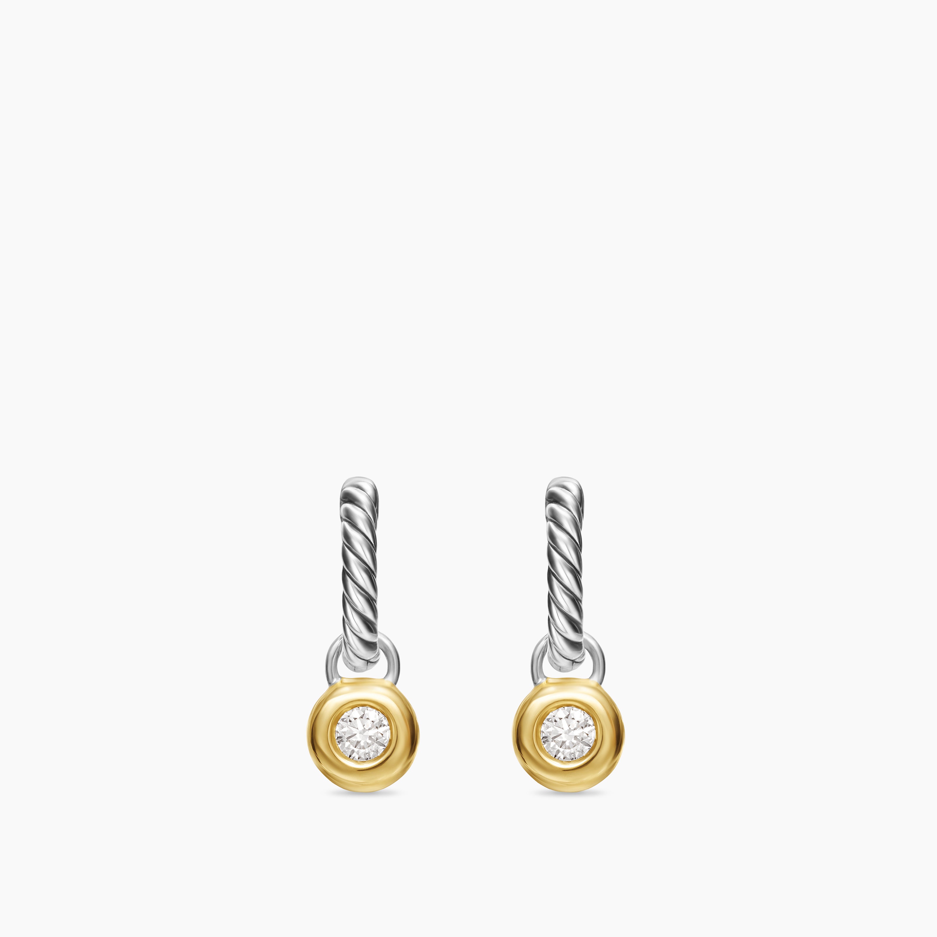 Womens Petite Cable Huggie Drop Earrings in Sterling Silver with 14K Yellow Gold and Diamonds, 17.5mm