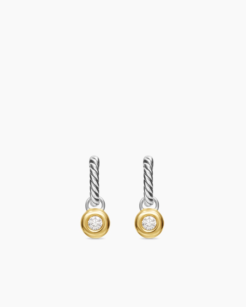 Womens Petite Cable Huggie Drop Earrings in Sterling Silver with 14K Yellow Gold and Diamonds, 17.5mm