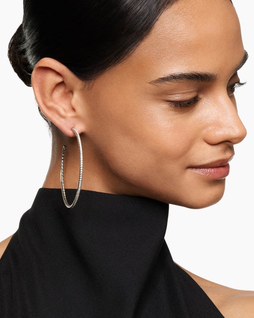 Womens Pavé Hoop Earrings in Sterling Silver with Diamonds, 63.5mm