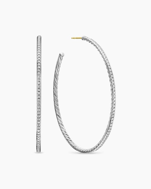 Womens Pavé Hoop Earrings in Sterling Silver with Diamonds, 63.5mm
