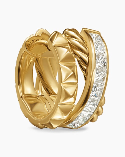 Womens Crossover Trio Huggie Hoop Earrings in 18K Yellow Gold with Diamonds, 15.1mm