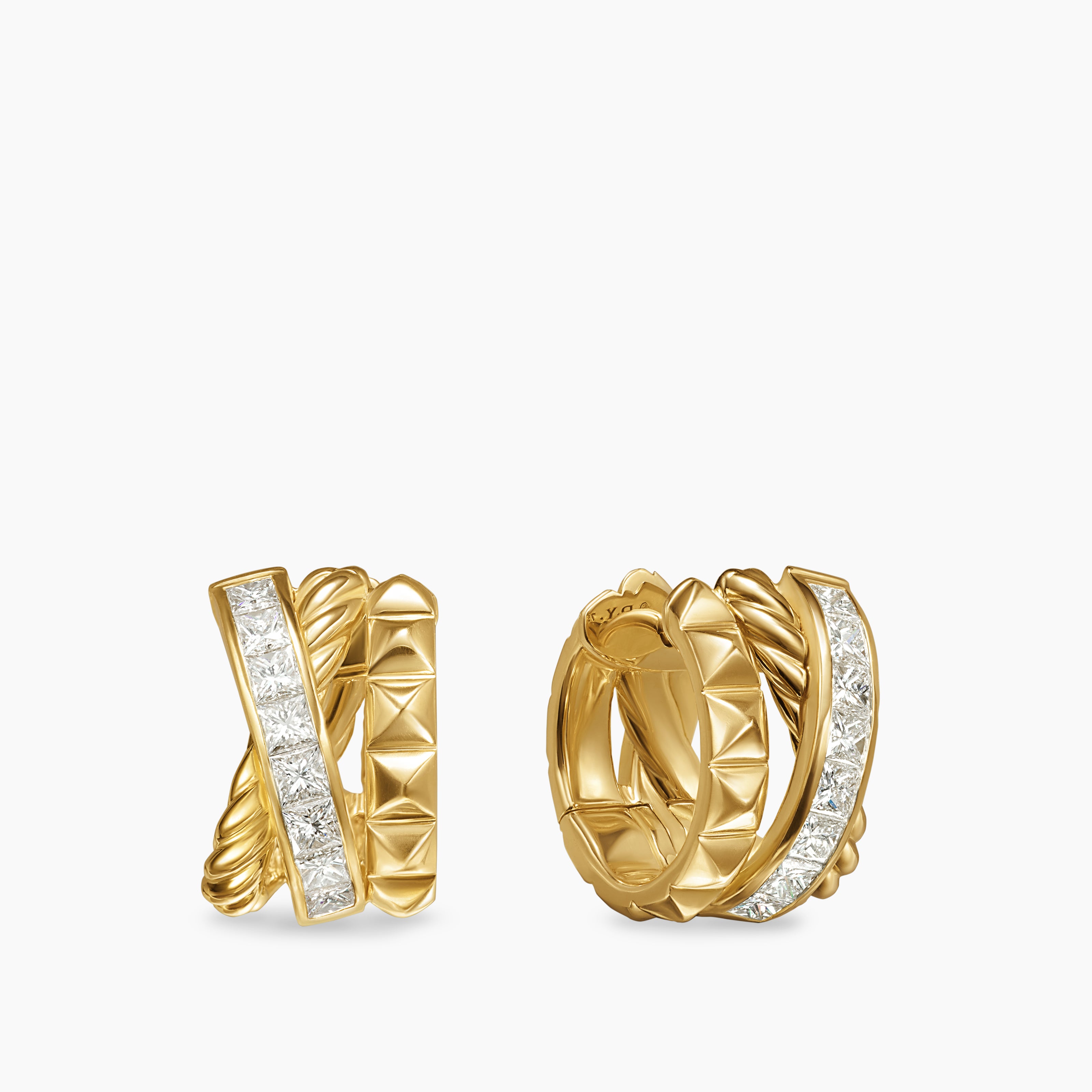 Womens Crossover Trio Huggie Hoop Earrings in 18K Yellow Gold with Diamonds, 15.1mm