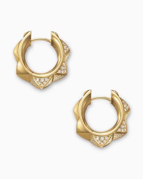 Womens Pyramid Hoop Earrings in 18K Yellow Gold with Diamonds, 18.7mm