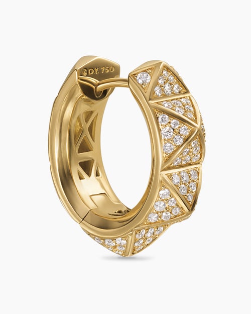 Womens Pyramid Hoop Earrings in 18K Yellow Gold with Diamonds, 18.7mm