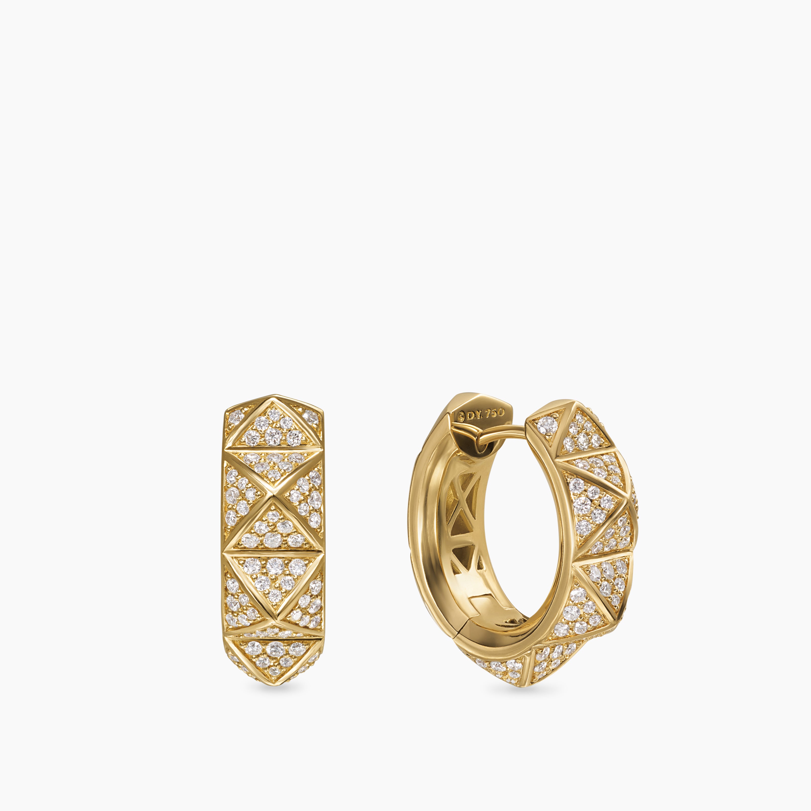 Womens Pyramid Hoop Earrings in 18K Yellow Gold with Diamonds, 18.7mm