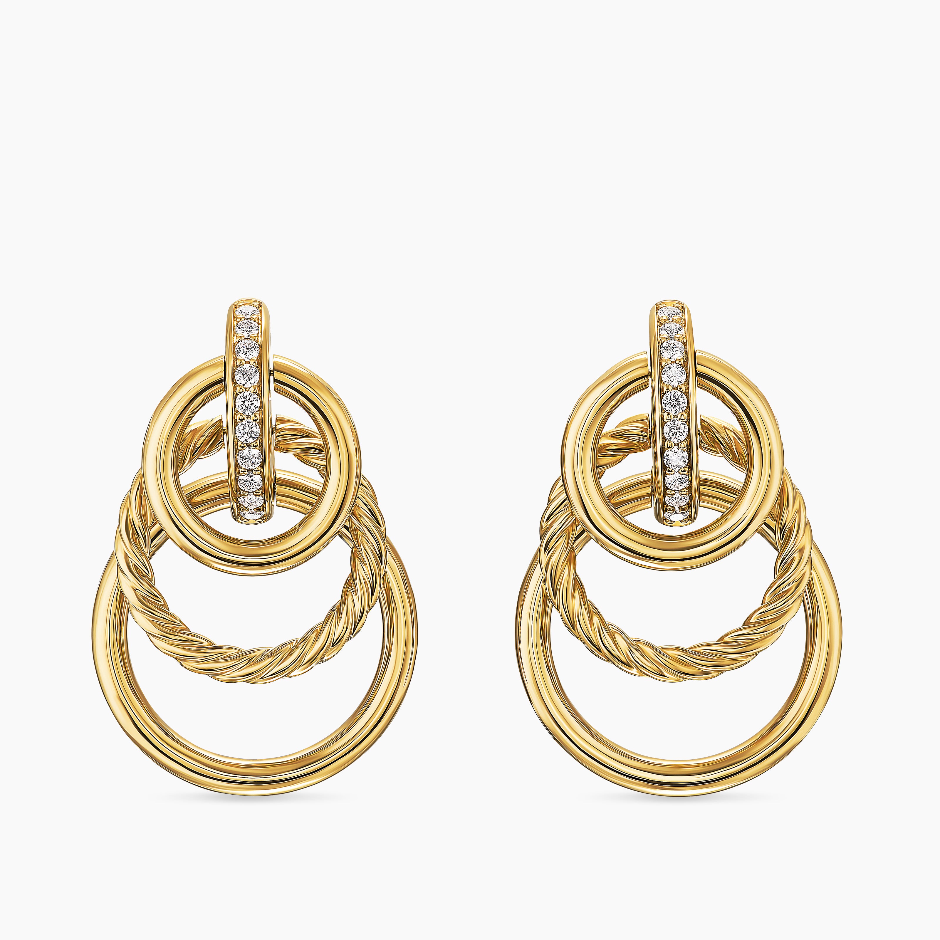 Womens DY Mercer&reg; Triple Ring Drop Earrings in 18K Yellow Gold with Diamonds, 35.6mm