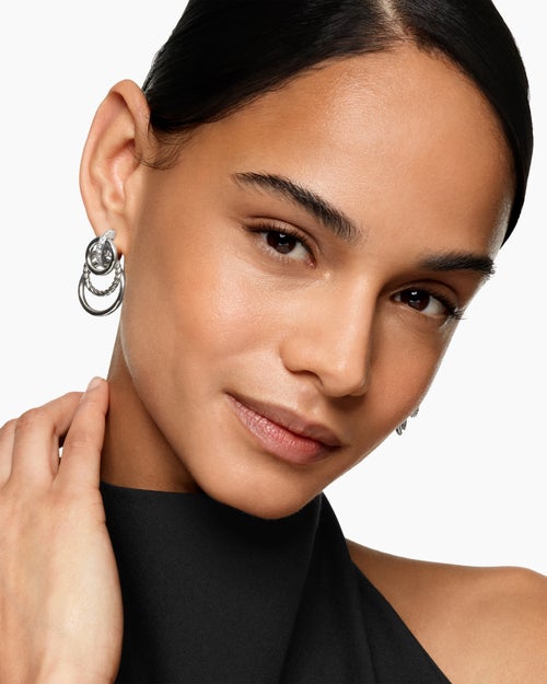 Womens DY Mercer® Triple Ring Drop Earrings in Sterling Silver with Diamonds, 35.6mm