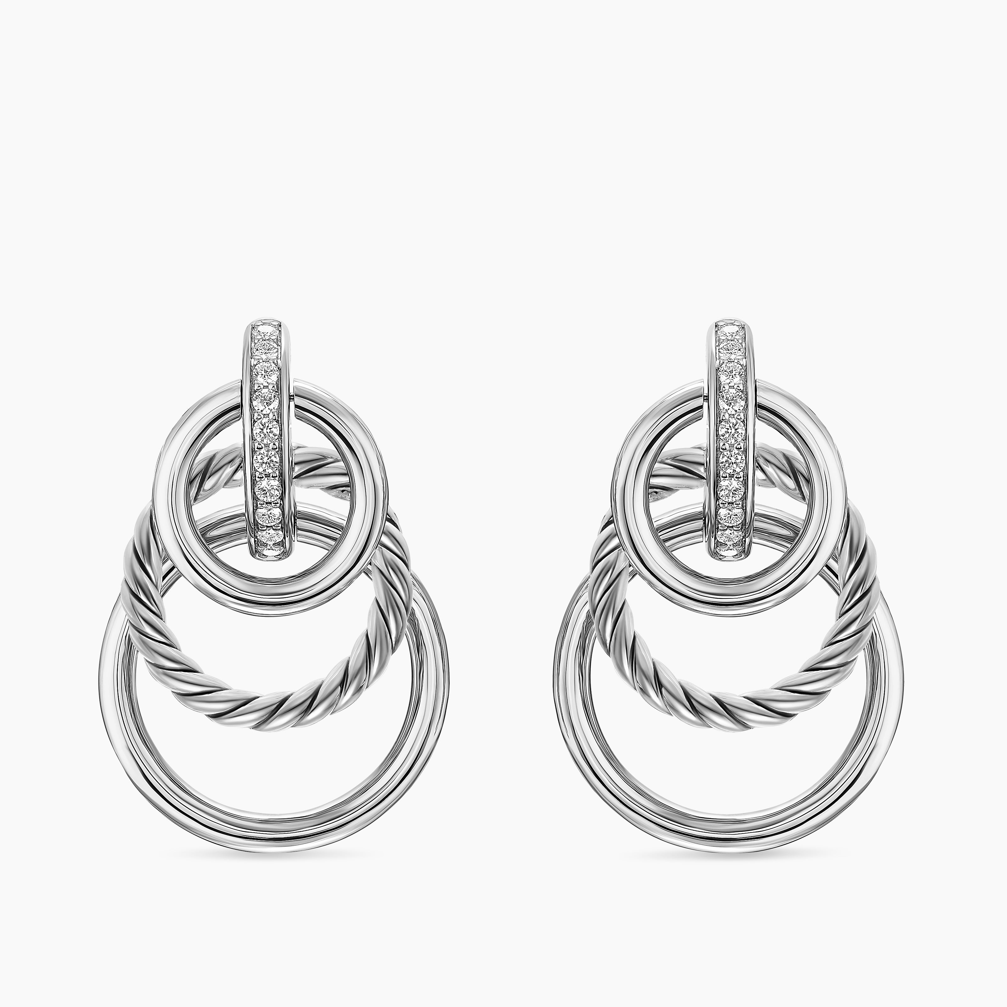 Womens DY Mercer&reg; Triple Ring Drop Earrings in Sterling Silver with Diamonds, 35.6mm