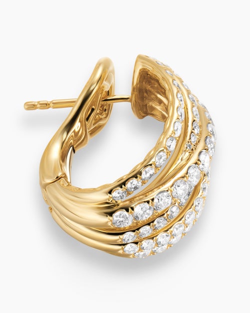 Womens Pavé Crossover Shrimp Earrings in 18K Yellow Gold with Diamonds, 19.6mm