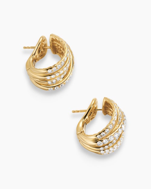 Womens Pavé Crossover Shrimp Earrings in 18K Yellow Gold with Diamonds, 19.6mm