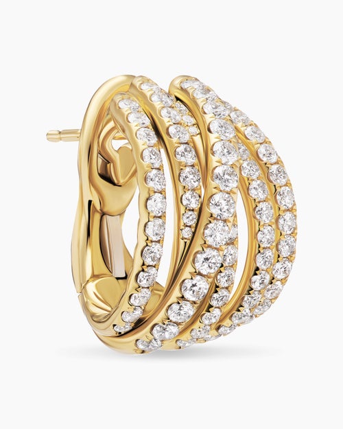 Womens Pavé Crossover Shrimp Earrings in 18K Yellow Gold with Diamonds, 19.6mm