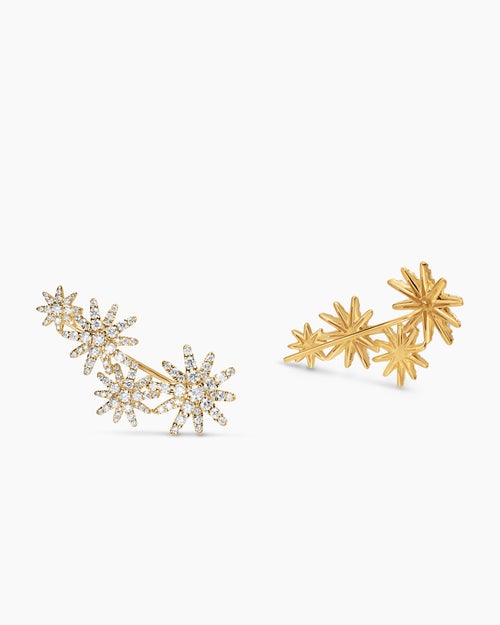 Womens Starburst Full Pavé Climber Earrings in 18K Yellow Gold with Diamonds, 26.9mm