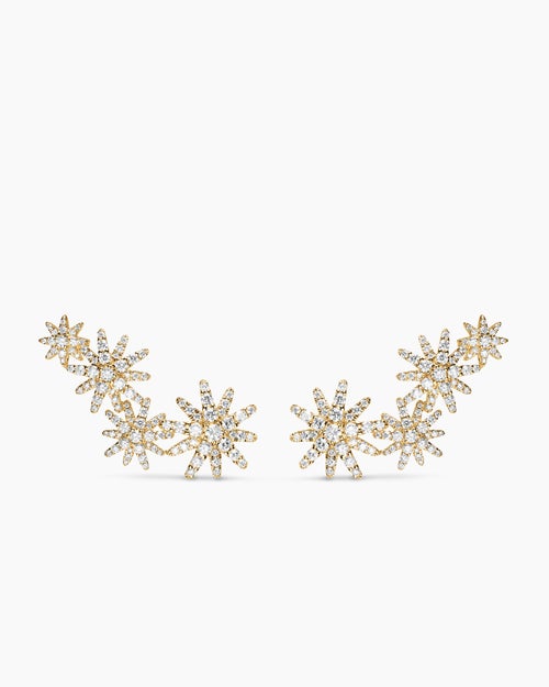 Womens Starburst Full Pavé Climber Earrings in 18K Yellow Gold with Diamonds, 26.9mm