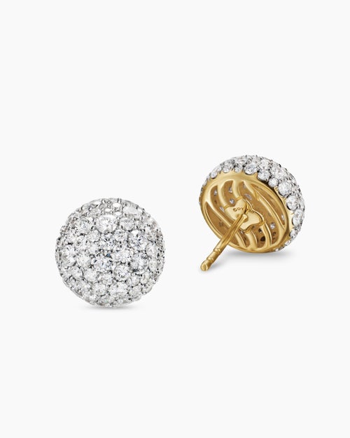 Womens Pavé Stud Earrings in 18K Yellow Gold with Diamonds, 12mm
