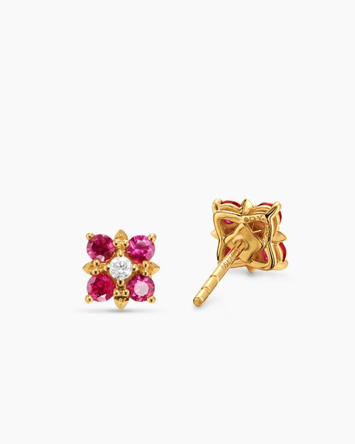 Womens Petite Modern Renaissance® Color Stud Earrings in 18K Yellow Gold with Rubies and Diamonds, 8.7mm