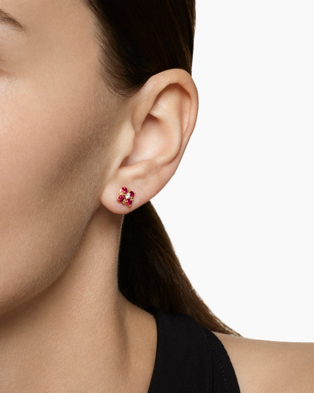 Womens Petite Modern Renaissance® Color Stud Earrings in 18K Yellow Gold with Rubies and Diamonds, 8.7mm
